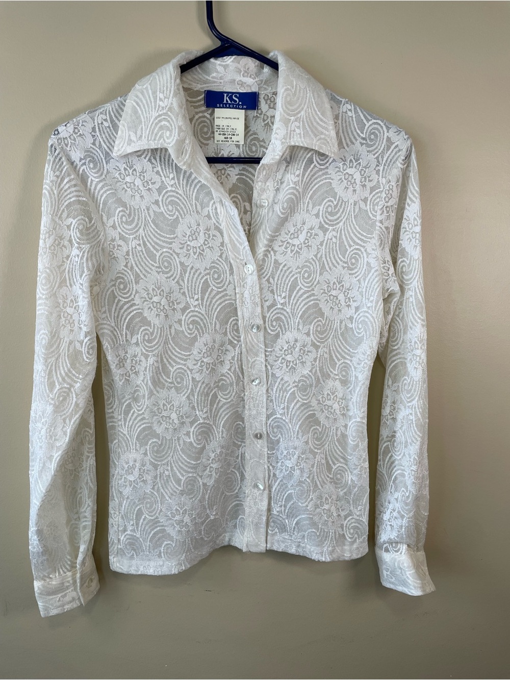 Vintage KS Selection White Sheer Lace Button Down Blouse